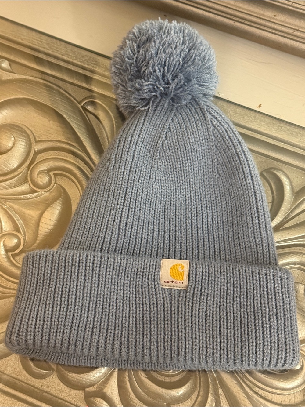 Carhartt Blue Ribbed Knit Pom Pom Cuffed Beanie
